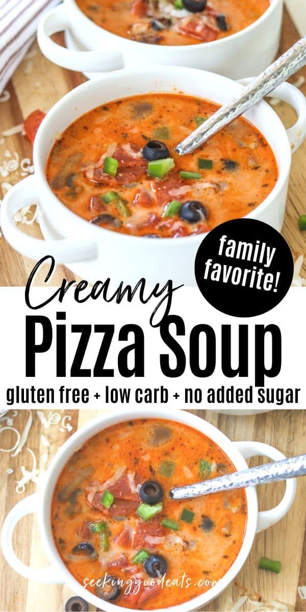 two bowls of creamy pizza soup on a wooden table with text overlay that reads creamy pizza soup gluten free low carb no added sugar