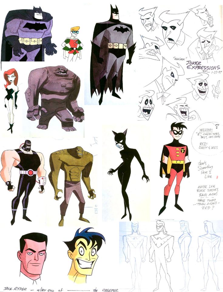 some drawings of batman characters in various poses