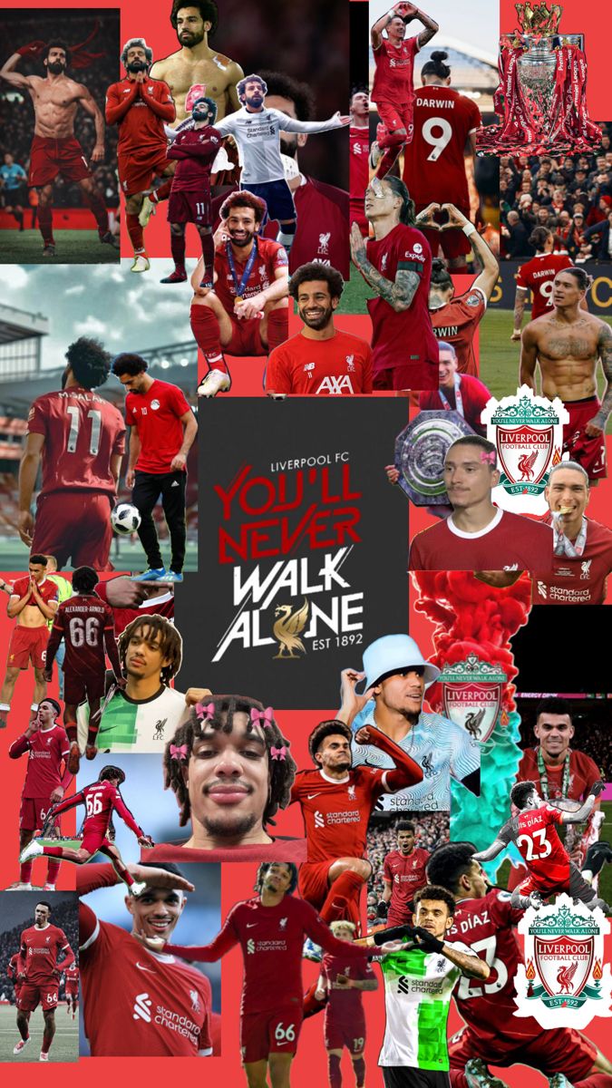 the collage shows many different people in red uniforms