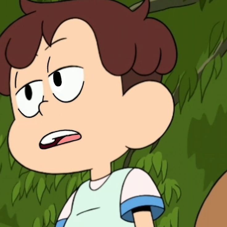 a cartoon boy with an angry look on his face in front of some trees and bushes