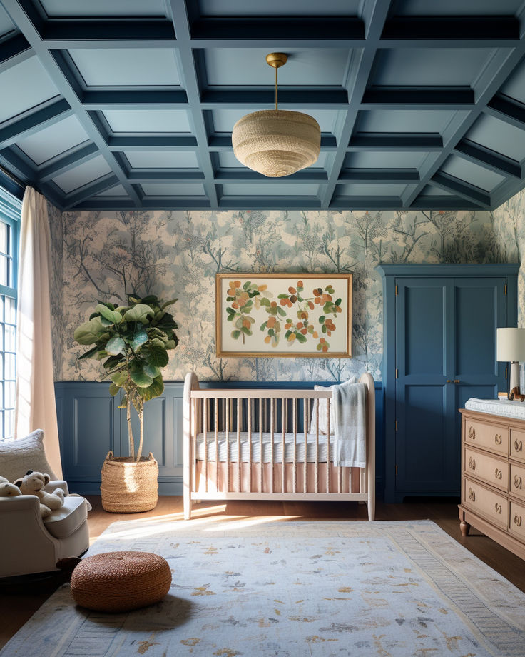 a baby's room decorated in blue and white with a crib, dressers, and large potted plant