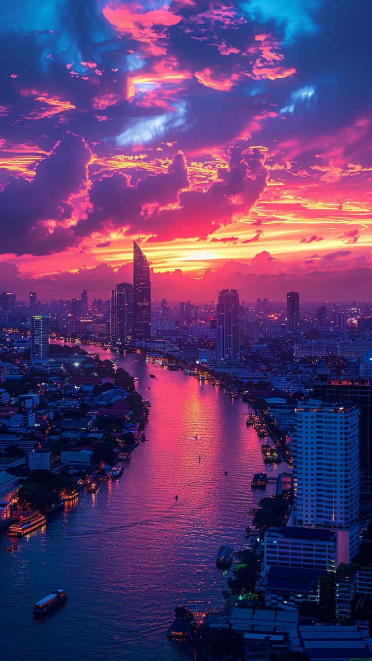 an aerial view of the city and river at sunset, with colorful clouds in the sky