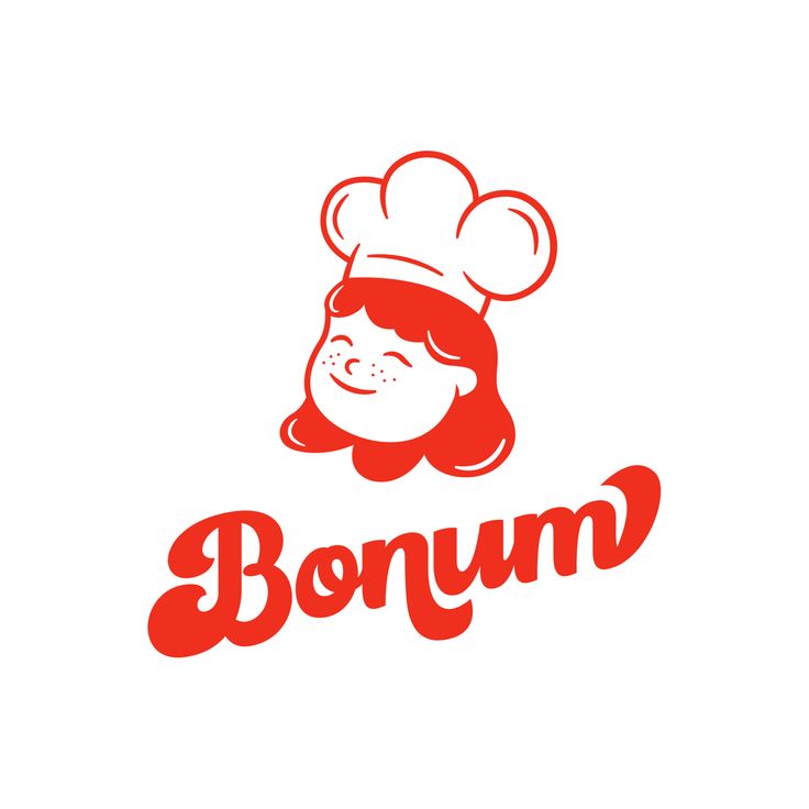 the logo for bonjum is red and white with a chef's hat on it