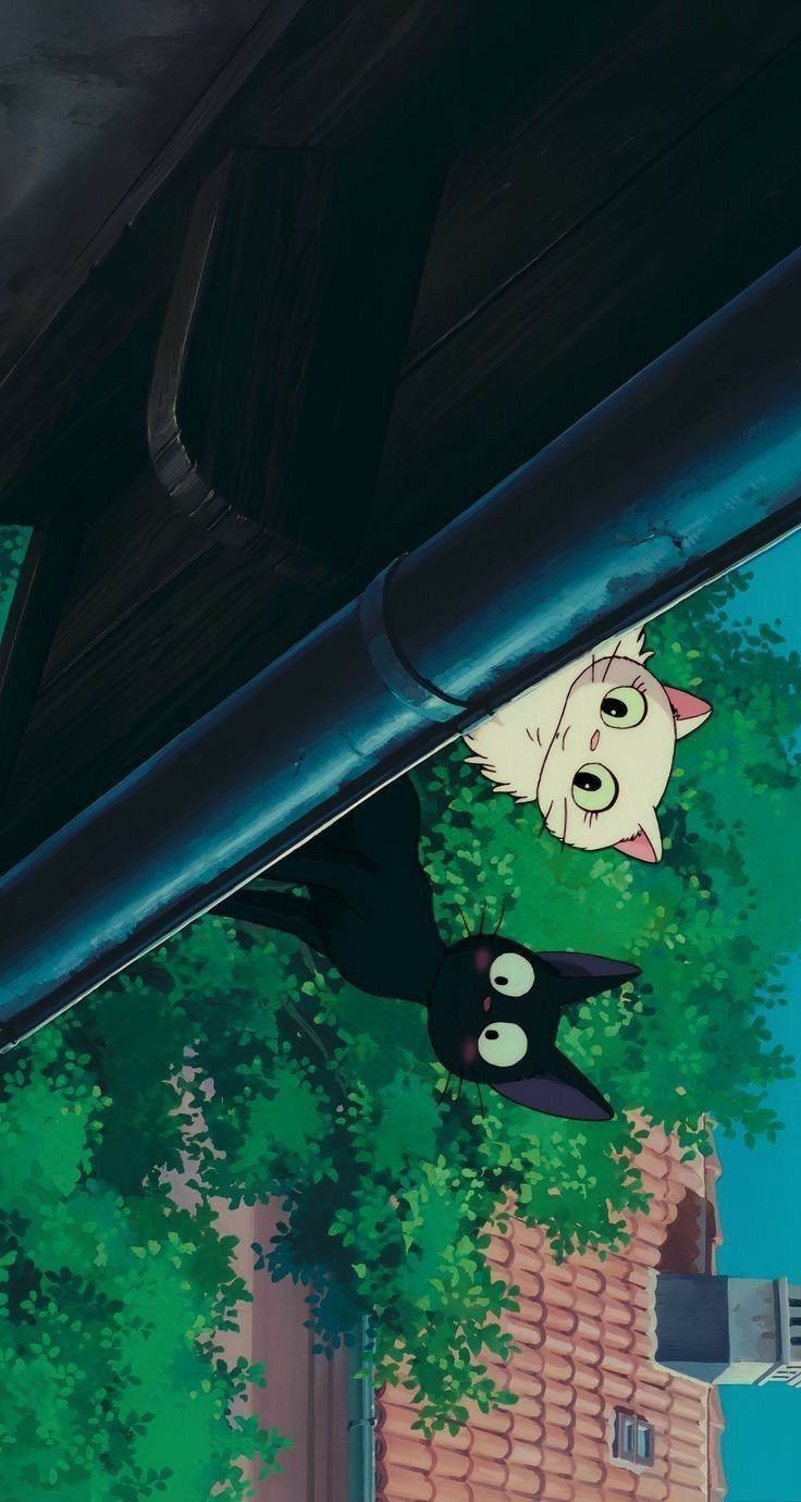 an anime scene with two cats hanging from the ceiling and one cat looking up at the sky