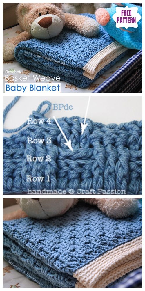 the instructions for crochet baby blanket are shown in two different pictures, one is blue and the other is white