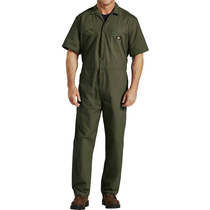 Dickies 33999 Short Sleeve Coveralls – Walrus Oxford Moss Green, Fit In, Chest Pocket, Cargo Shorts, Casual Button Down Shirt, Mens Short, Elastic Waist, Men Casual, Elastic