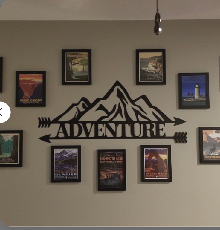 there are many pictures on the wall with an arrow above them and below it is a sign that says adventure