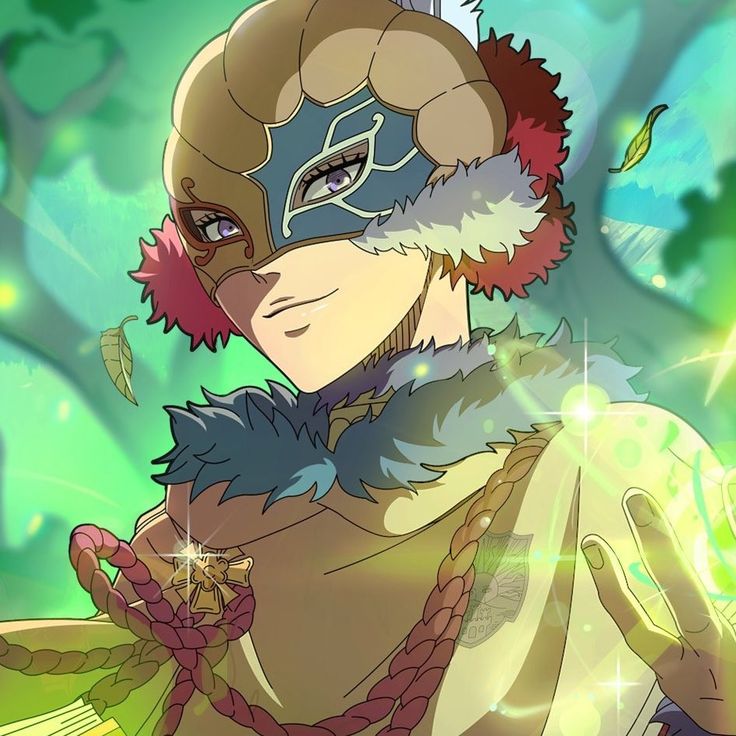 an anime character wearing a helmet with feathers on it's head and holding a chain around his neck