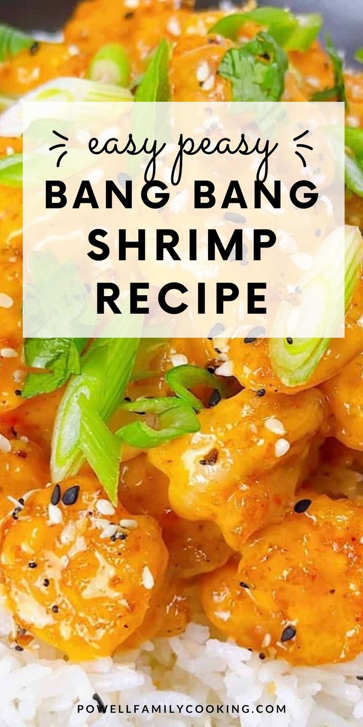 a close up of a plate of food with rice and vegetables on it, text overlay reads easy peasy bang bang shrimp recipe