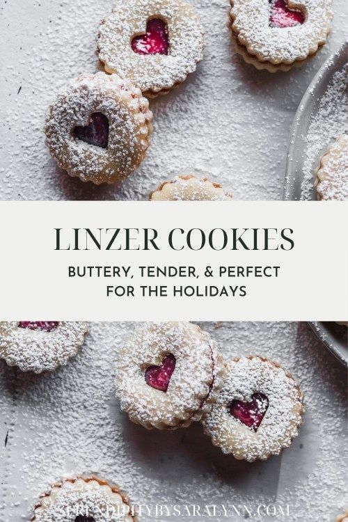 some cookies that are on top of a white surface with the words linzer cookies buttery, tender and perfect for the holidays