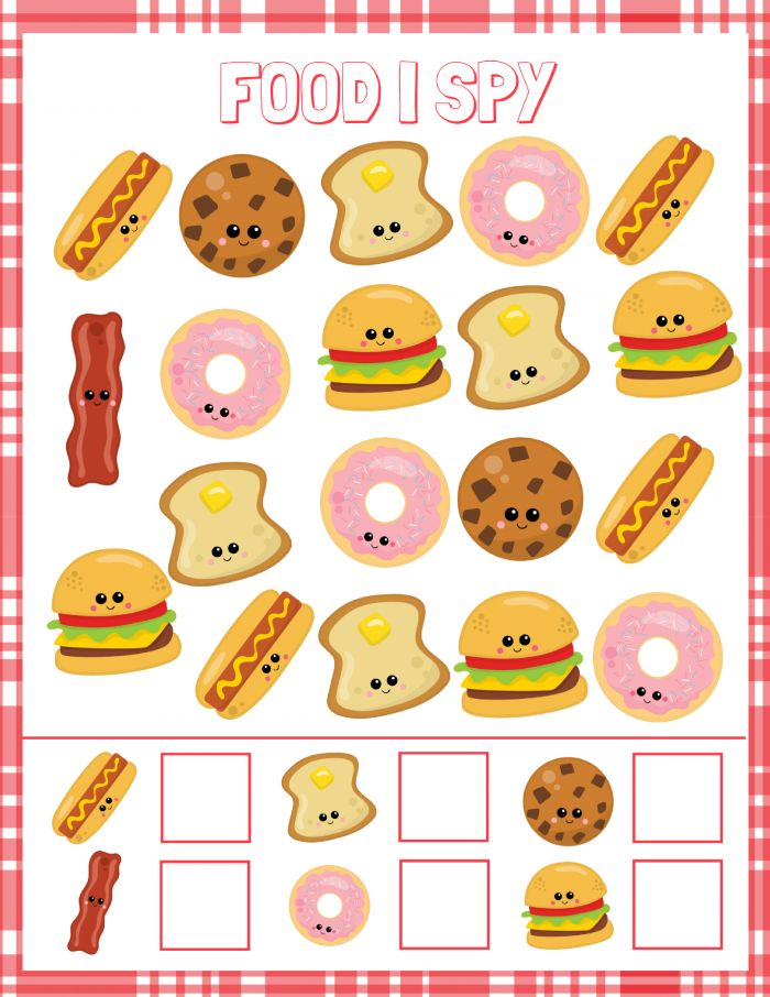 food i spy game for kids with donuts, hamburgers and bacon on it