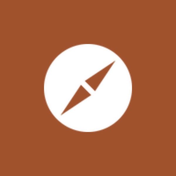 a brown background with a white circle and an arrow