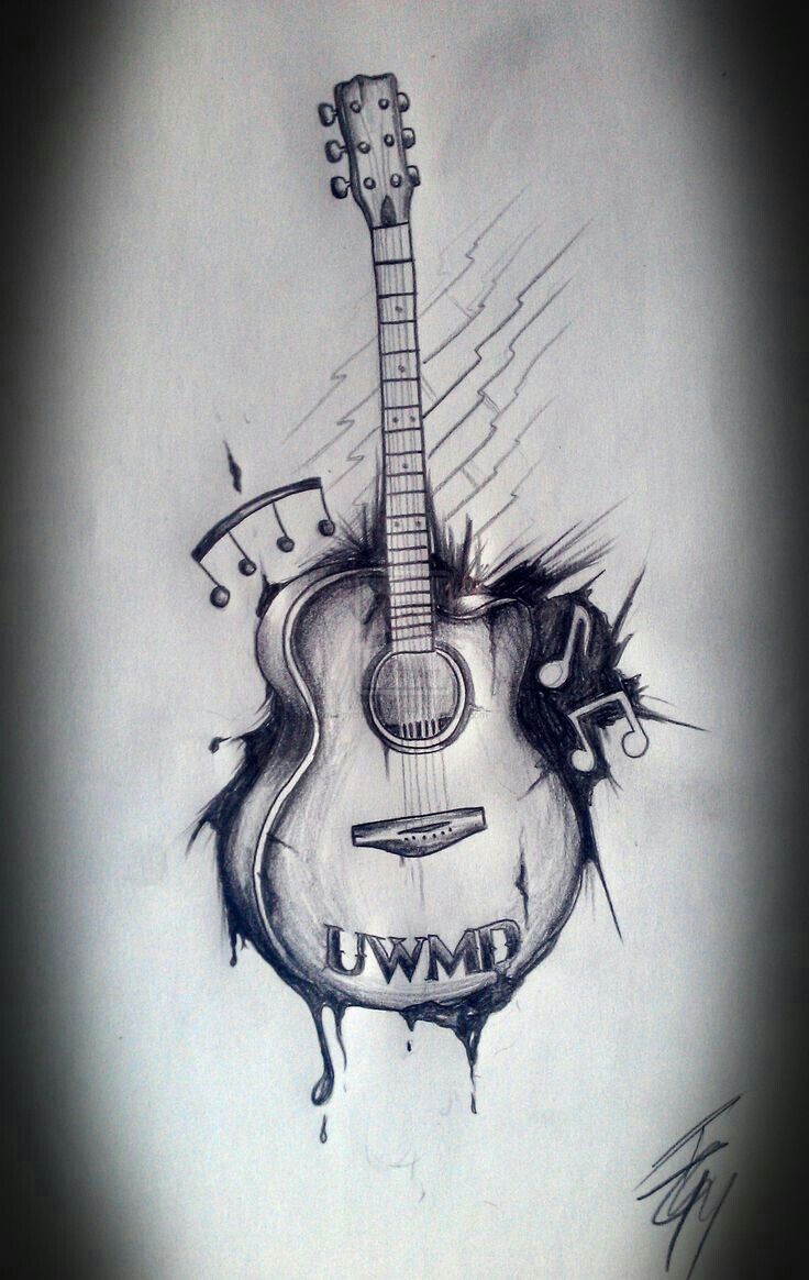 a drawing of a guitar with musical notes on it