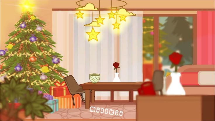 a living room with a christmas tree in the corner and presents on the table next to it