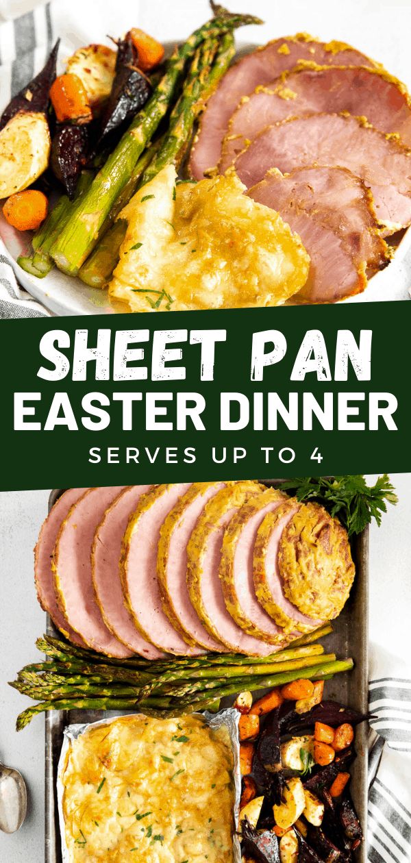 a plate with ham, asparagus and other food on it that says sheet pan easter dinner serves up to 4