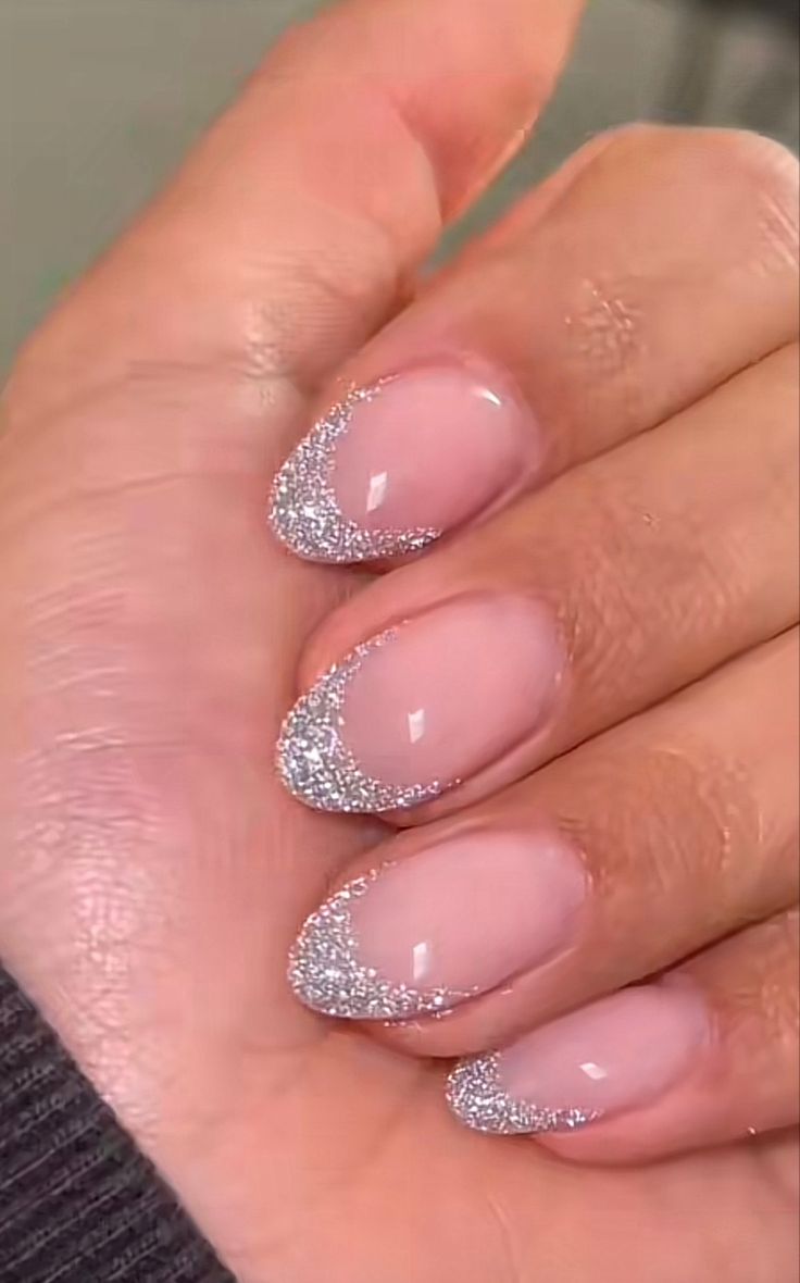 Basic Nails For Homecoming, French Tip Acrylic Nails With Sparkle, Cute Nails For Hoco Short, Homecoming Nails Sparkle, Nails For Pageant, French Tip Sliver Nails, Eras Tour Nail Ideas Debut, Bachelorette Nails Sparkle, Silver Sparkle French Tip Nails Almond