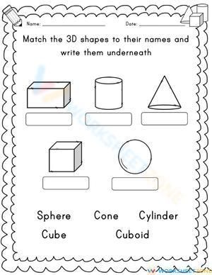 worksheet for the 3d shapes and their names