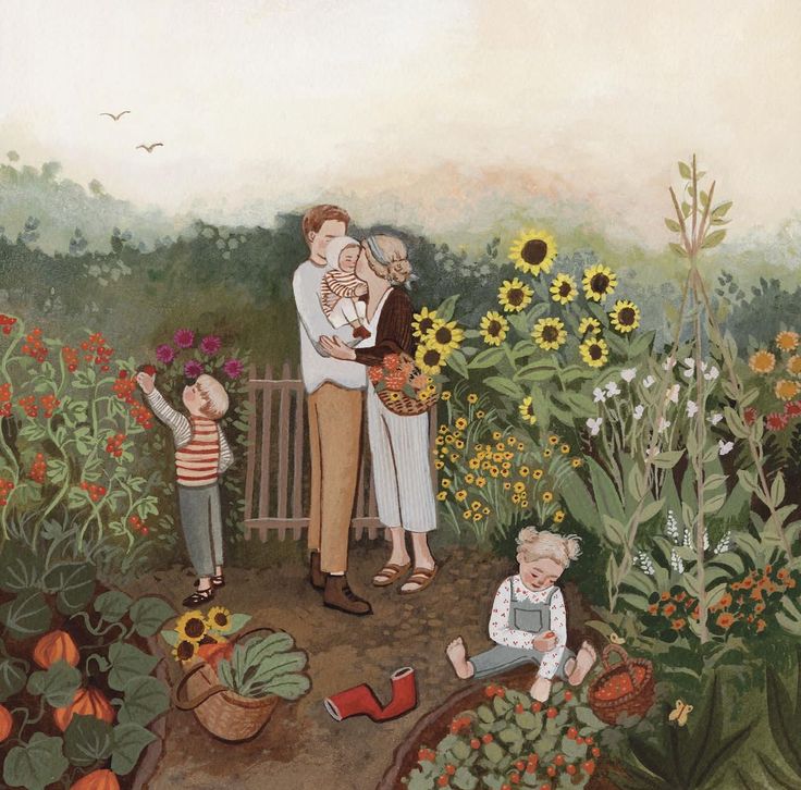 a painting of people in a garden with sunflowers