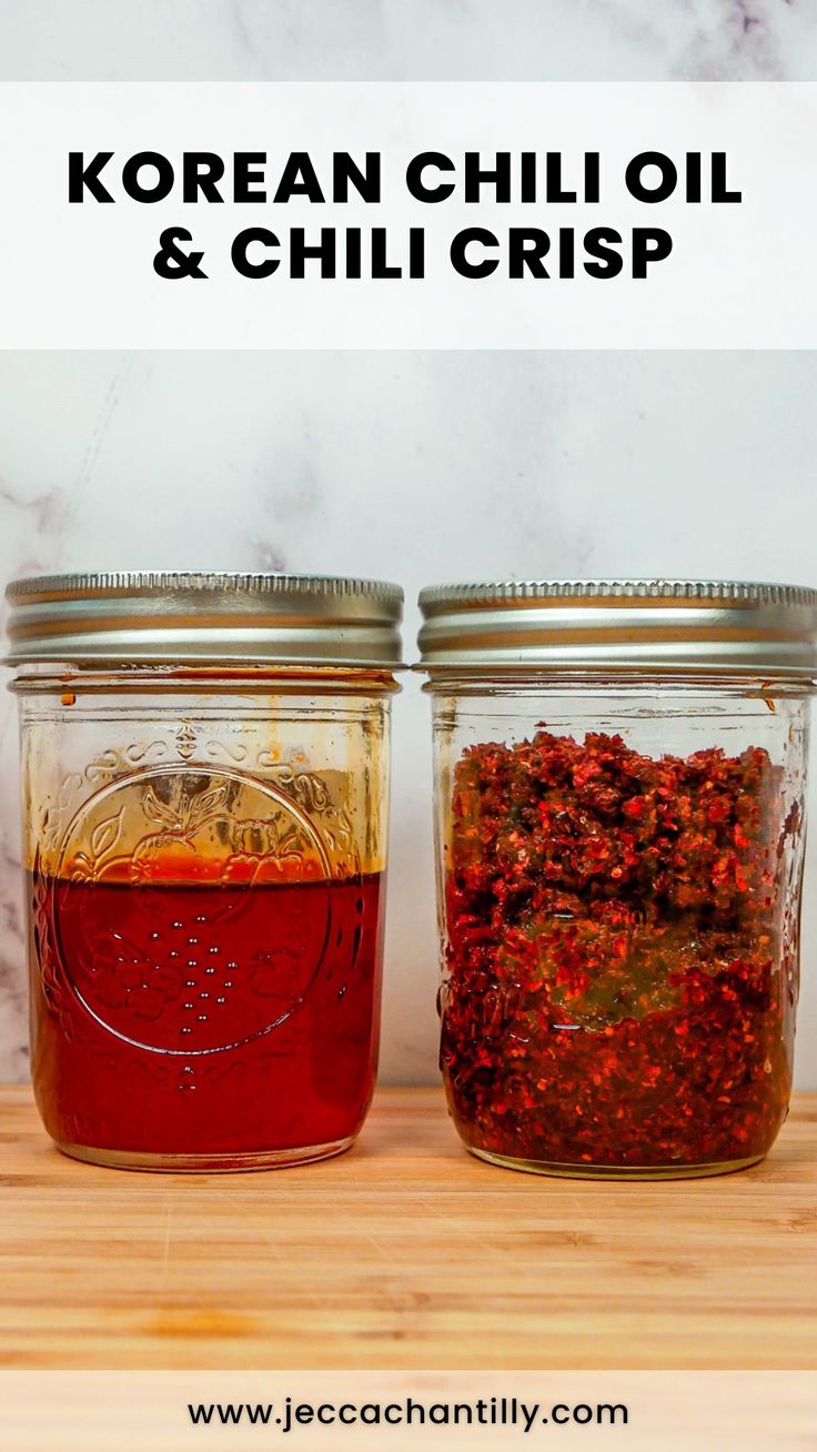 korean chili and chilli crispes in jars on a wooden table with text overlay