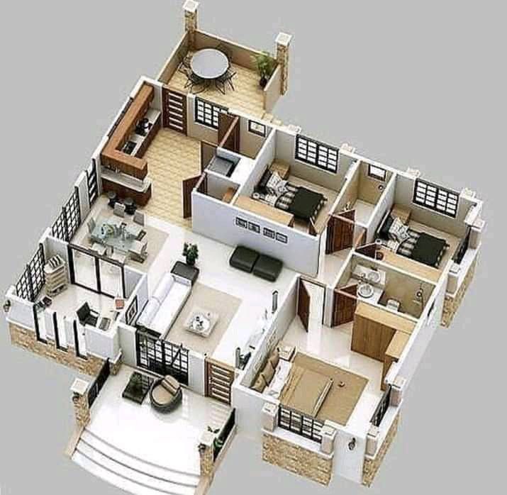 an aerial view of a three bedroom house with living room, dining area and kitchen