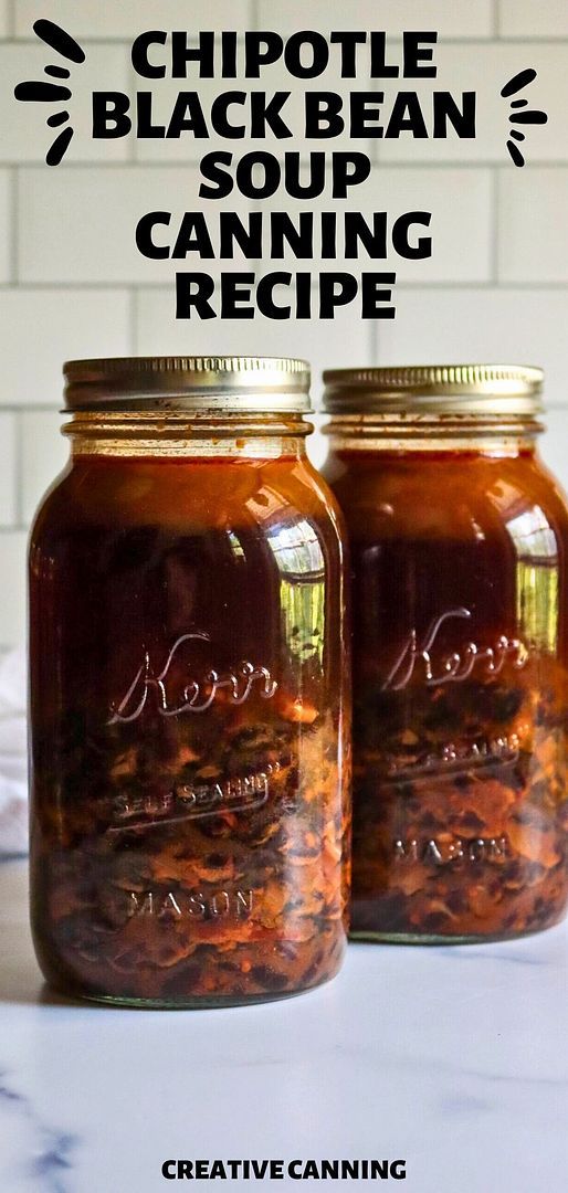 two mason jars filled with chipotie black bean soup sitting on top of a counter