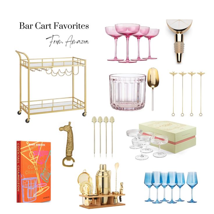 the bar cart is filled with glasses, champagne flutes, and other items for entertaining