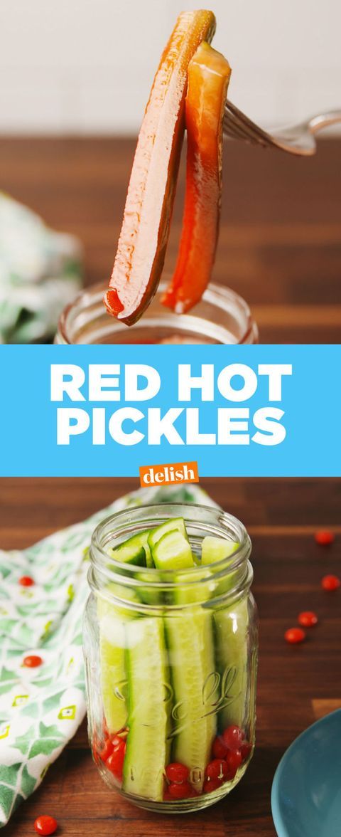 red hot pickles in a glass jar on a wooden table with the title above it