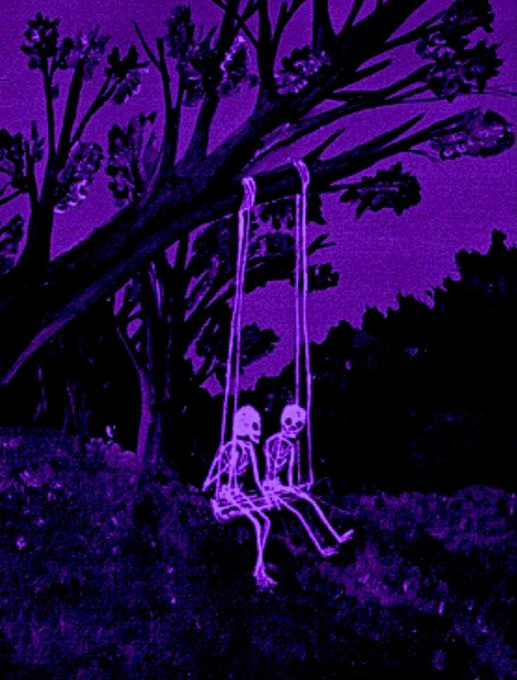 a skeleton sitting on a swing in front of a purple sky with trees and bushes