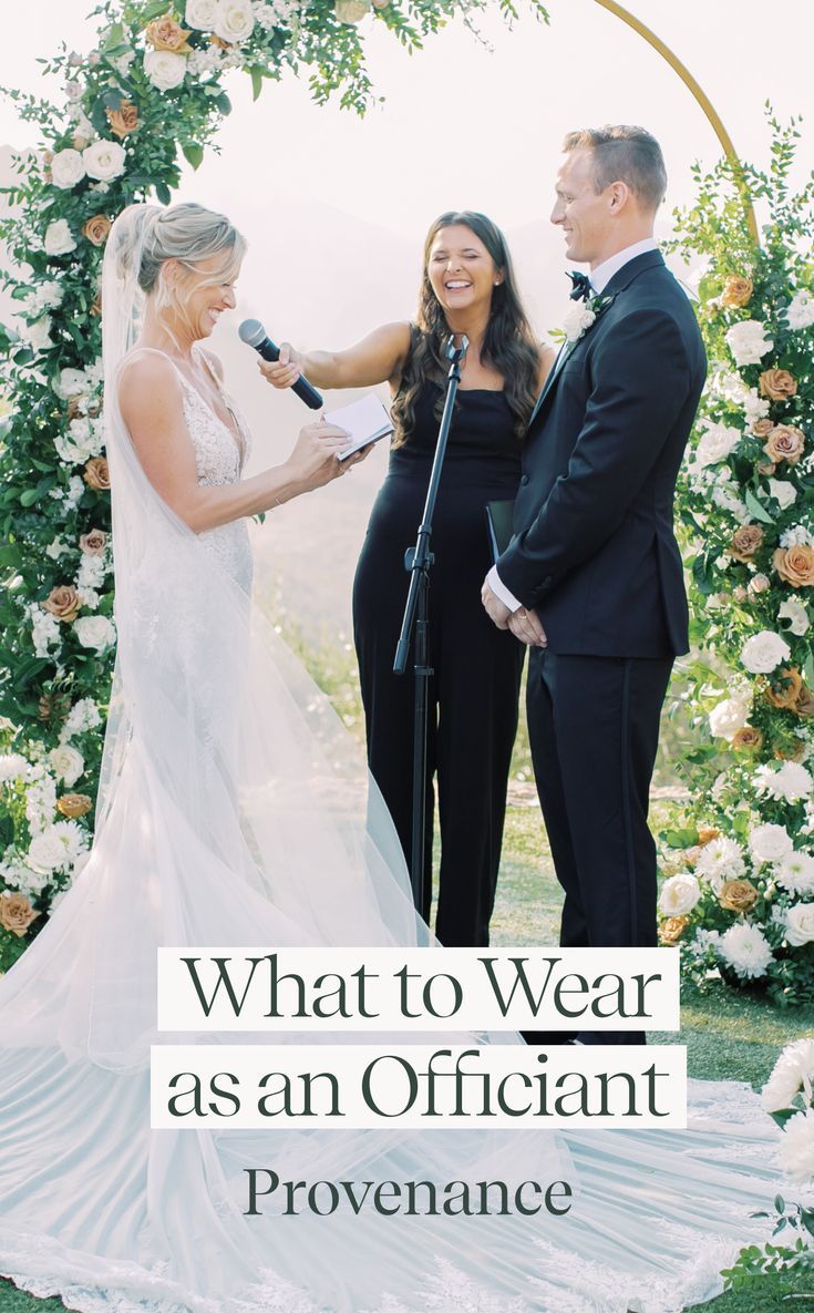 a man and woman standing next to each other in front of a microphone with the words, what to wear as an officiant provenance