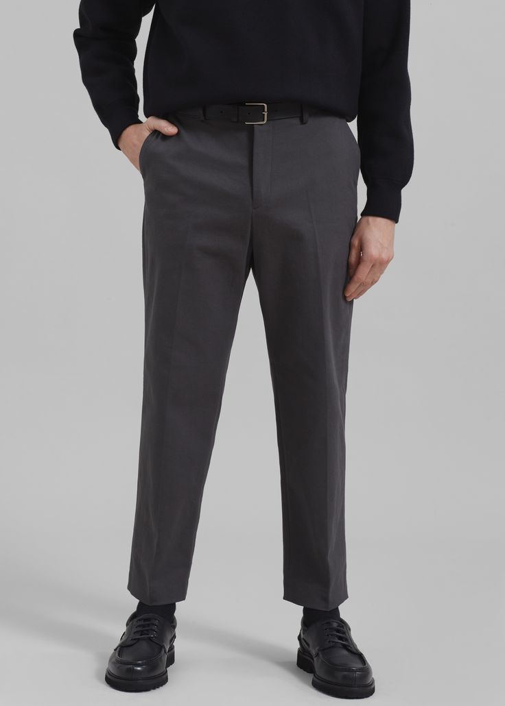 Color: Grey Midweight cotton blend fabric Regular fit Side seam pockets Back welt pockets Belt loops Zip fly Front button closure Unlined 97% Cotton 3% Elastane Dry Clean By The Frankie Shop. Imported Fitted Gray Cotton Pants, Classic Cargo Pants With Welt Pockets, Tailored Full-length Cotton Work Pants, Tailored Cotton Full-length Work Pants, Classic Tapered Leg Dress Pants With Side Pockets, Formal Cotton Bottoms With Side Pockets, Workwear Chinos With Side Pockets, Business Casual Cotton Cargo Pants With Side Pockets, Business Tapered Leg Chinos With Pockets