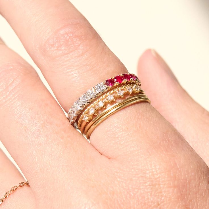 Day and Night Band, Ruby Elegant Red Stackable Jewelry, Luxury Ruby Ring With Rose Cut Diamonds For Anniversary, Luxury Gold Ruby Stackable Ring, Luxury Stackable Ruby Ring For Wedding, Elegant Stackable Ruby Ring For Wedding, Elegant Stackable Ruby Wedding Ring, Classic Ruby Jewelry With Rose Cut Diamonds, Elegant Stackable Yellow Gold Ruby Ring, Elegant Red Stackable Eternity Band