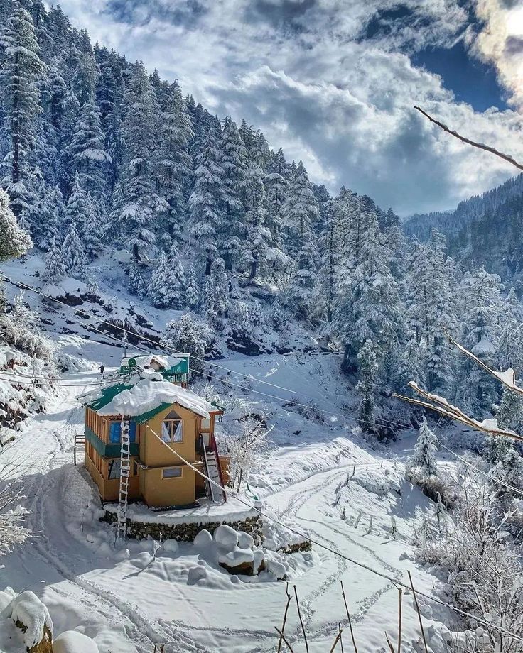 a small cabin in the middle of a snowy forest