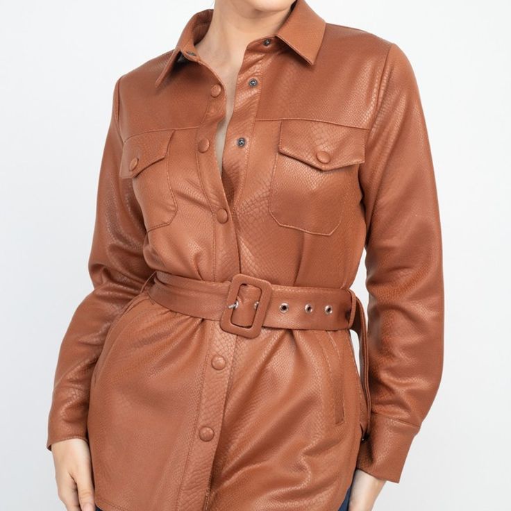 A Faux Leather Jacket Featuring A Basic Collar, Long Sleeves, Button-Up Front, Chest Flap Pockets With Button Closures, Slanted Front Pockets, And A Removable Buckle Belt With A Pull-Through Construction. You Can Wear This Stylish Piece As A Jacket Or Shirt. Brown Shacket With Lapel Collar And Buttoned Pockets, Brown Button-up Shacket With Buttons, Brown Button-up Shacket For Work, Brown Lapel Collar Shacket With Buttons, Brown Button-up Shacket, Brown Collared Shacket With Buttoned Pockets, Brown Collared Single Breasted Shacket, Brown Single Breasted Collared Shacket, Fall Leather Button-up Jacket With Buttons