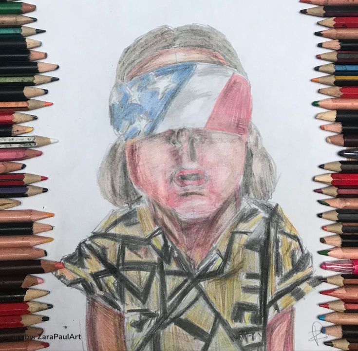 a pencil drawing of a child with the american flag on her head and an american flag hat