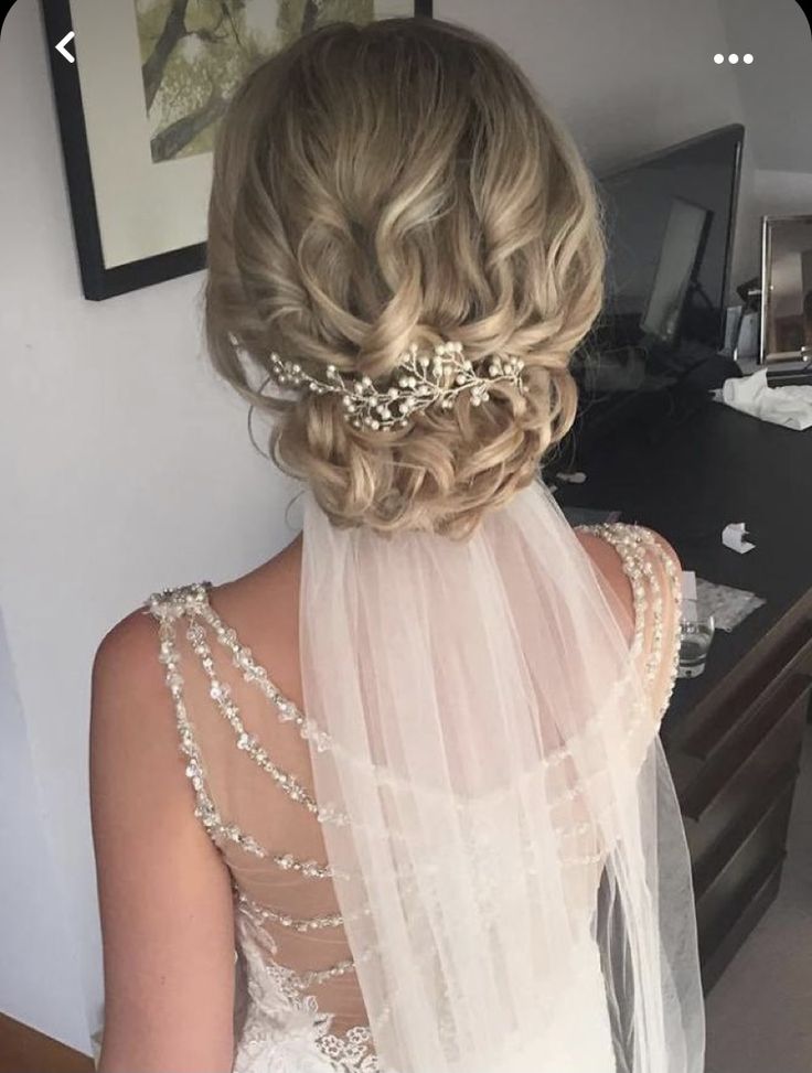 the back of a woman's head wearing a veil and hair comb with pearls on it