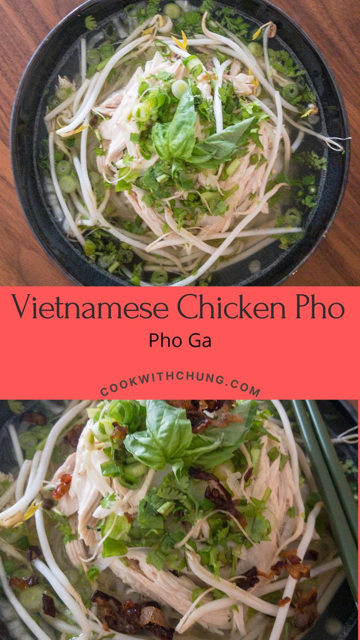 vietnamese chicken pho ga with noodles and greens in a black bowl on a wooden table