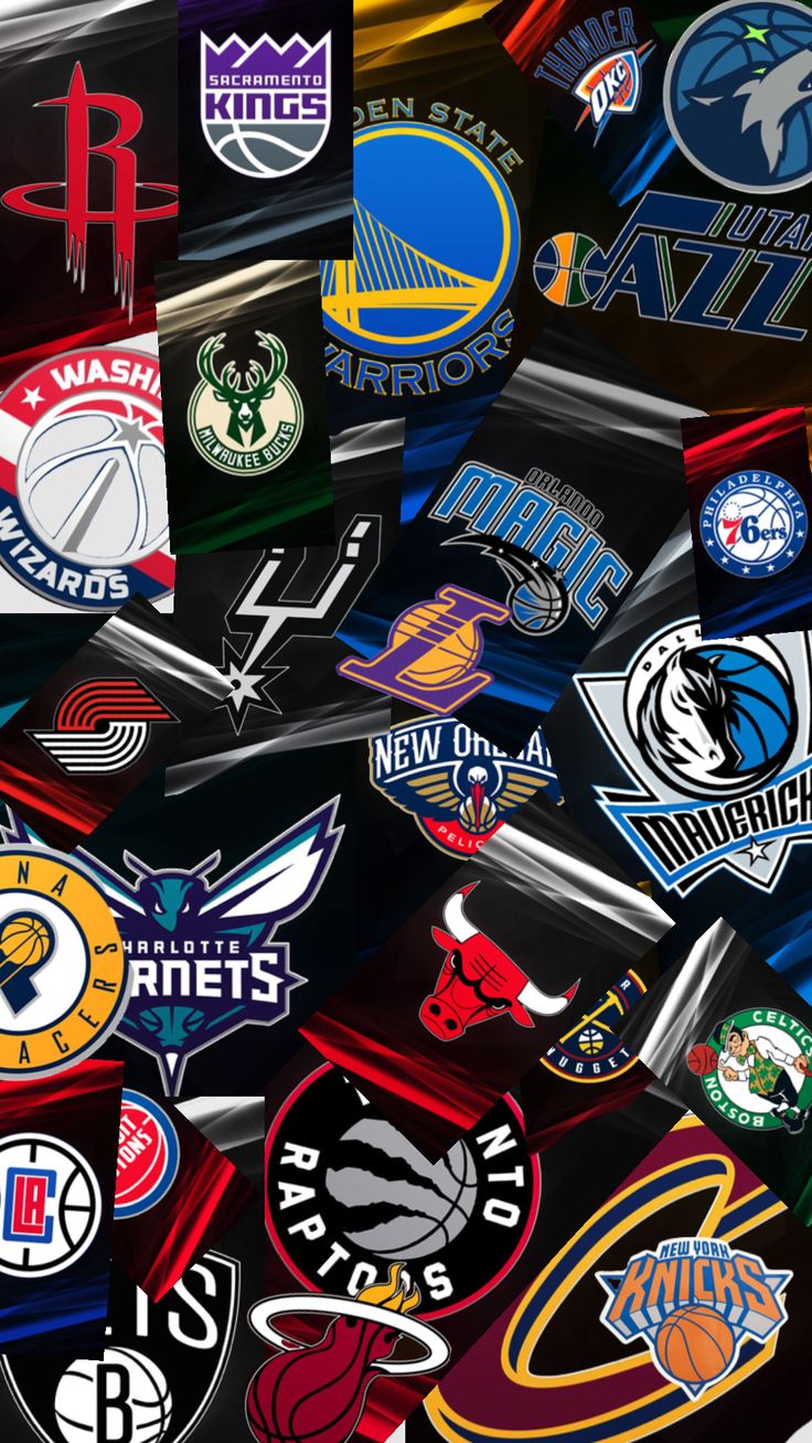 many different kinds of sports logos on a black background, including basketballs and rockets