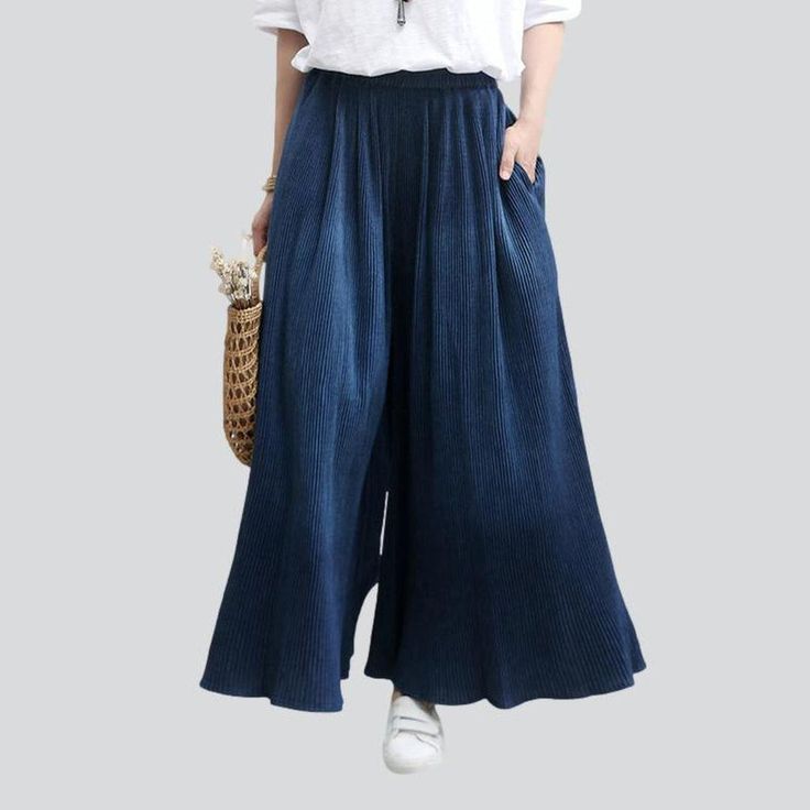 Unveil a timeless look with our 2023 Autumn Collection Pleated Navy Culottes Denim Pants—an alluring mix of vintage-style y2k. a dark wash finish. and modern-day style.Why These Pants are an Autumn EssentialFashioned with a classic y2k style. these pantskirt are a timeless addition to any wardrobe. The dark wash finish is a stylish choice for autumnal days. enhanced by its high-waisted silhouette and rubber closure. Perfect for day or night. these denim pants will be your go-to for any occasion. Indigo Baggy Wide Leg Bottoms, Indigo Wide Leg Jeans With Pockets, Indigo Baggy Bottoms For Spring, Casual Indigo Wide-leg Pants, Baggy Dark Wash Wide-leg Bottoms, Indigo Wide Leg Bottoms With Relaxed Fit, Indigo Wide Leg Bottoms With Pockets, Relaxed Fit Indigo Wide Leg Pants, Relaxed Fit Wide Leg Indigo Pants