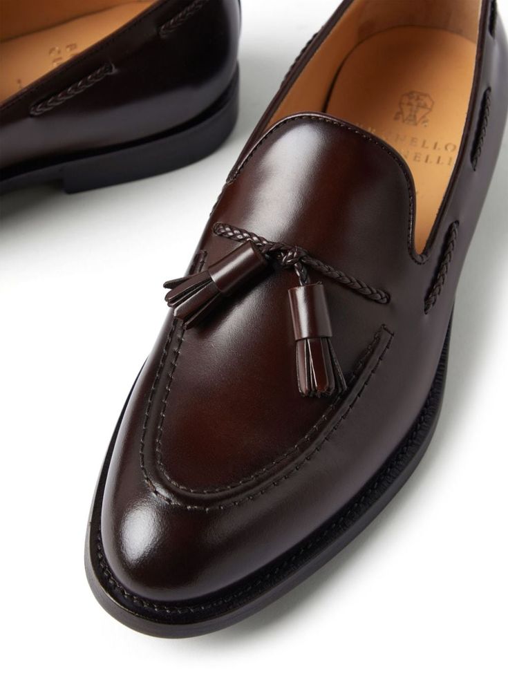 Find BRUNELLO CUCINELLI Tassel-detail Loafers on Editorialist. chestnut brown calf leather polished finish tassel detail apron toe almond toe slip-on style branded leather insole stacked heel rubber tread sole Brown Tassel Loafers With Brogue Detailing For Galas, Elegant Brown Tassel Loafers For Formal Occasions, Classic Leather Tassel Loafers, Brown Luxury Tassel Loafers For Formal Wear, Brown Luxury Tassel Loafers For Formal Occasions, Luxury Brown Tassel Loafers For Semi-formal, Luxury Brown Tassel Loafers For Semi-formal Occasions, Luxury Brown Tassel Loafers For Formal Occasions, Elegant Brown Tassel Loafers With Brogue Detailing