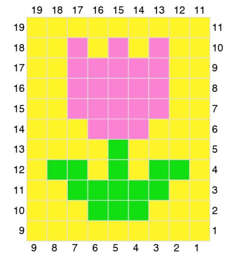 a yellow square with pink squares and green squares in the shape of an elephant's head