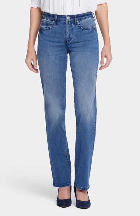 NYDJ Marilyn Straight Leg Jeans | Nordstrom Denim Blue Straight Leg Pull-on Jeans, Fitted Bottoms With Five Pockets And Straight Silhouette, Straight Fit Medium Wash Jeans, Fitted Straight Silhouette Jeans, Casual Bottoms With Straight Fit, Fitted Straight Jeans With Five Pockets, Medium Wash Stretch Straight Pants, Medium Wash Straight Fit Bottoms, Fitted Straight Jeans For Spring