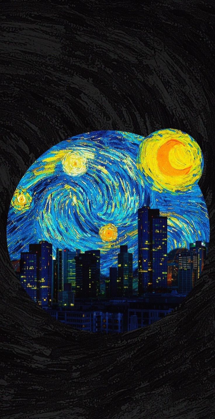 an image of the starry night with buildings in the background