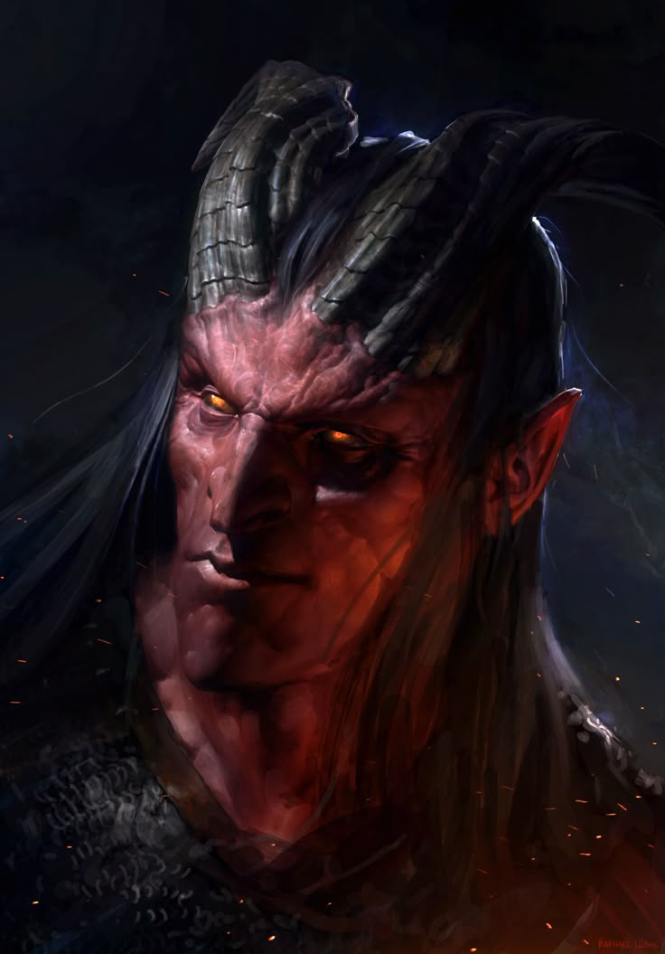 a demonic looking man with long hair and horns on his head, staring at the camera