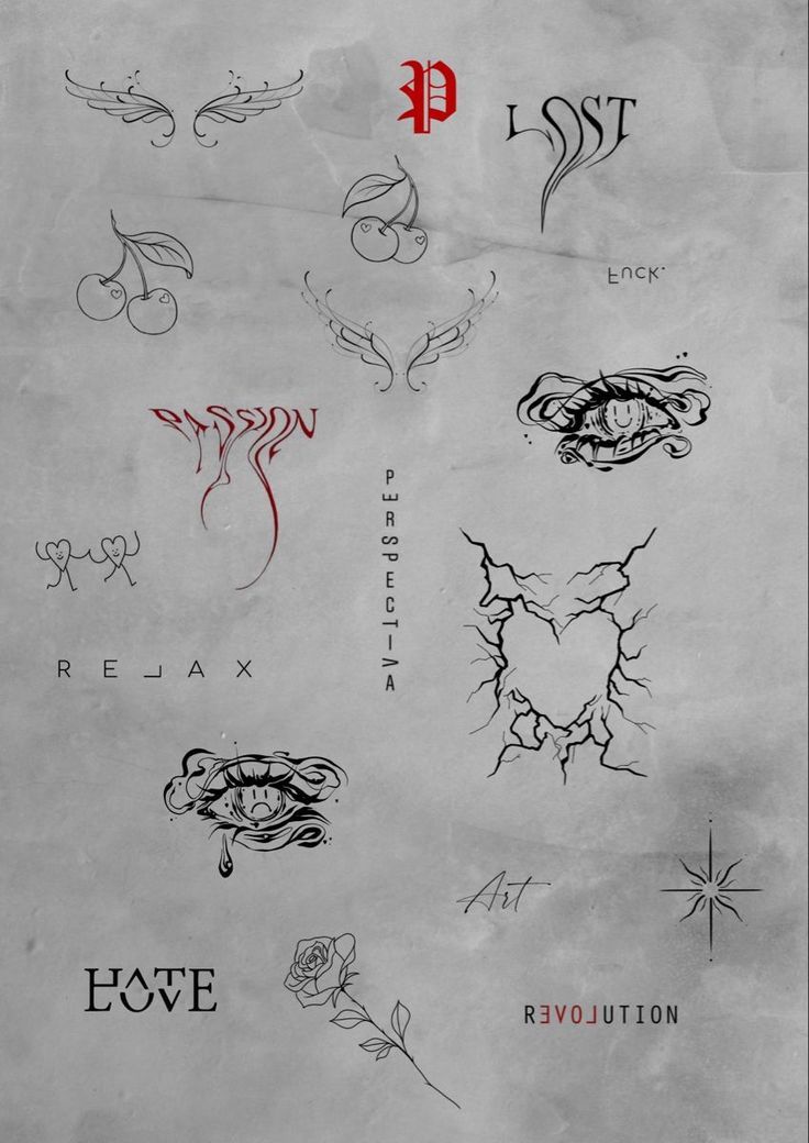 some tattoos on a piece of paper with the word love written in red and black