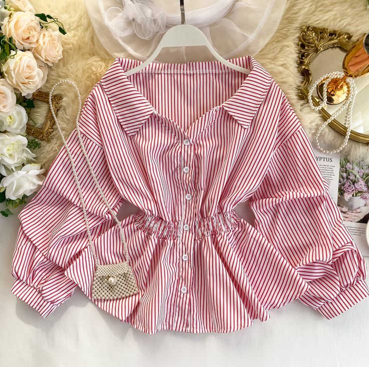 Casual Blouses, Clothing Female, Clothes Korean Style, Fashion Top Outfits, Fancy Tops, Trendy Fashion Tops, Long Sleeve Striped Top, Tops Casual, Fashion Attire