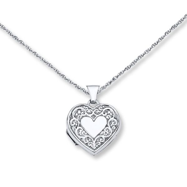 This enchanting heart-shaped locket necklace for her is crafted of sterling silver with a scrollwork design. The pendant sways from an 18-inch cable chain that fastens with a spring ring clasp. Heart Locket Necklace Silver, Sterling Silver Locket Necklace, Silver Locket Necklace, Jewelry Advice, Heart Locket Necklace, Necklace For Her, Kay Jewelers, Silver Lockets, White Necklace