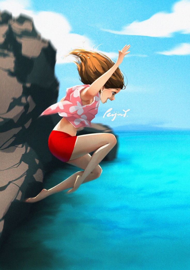 a painting of a girl jumping into the air from a cliff near the ocean with her arms in the air