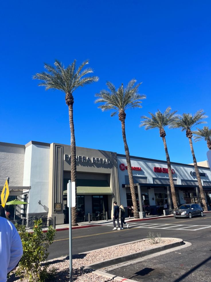 a man standing in front of a store with palm trees on the side of the road