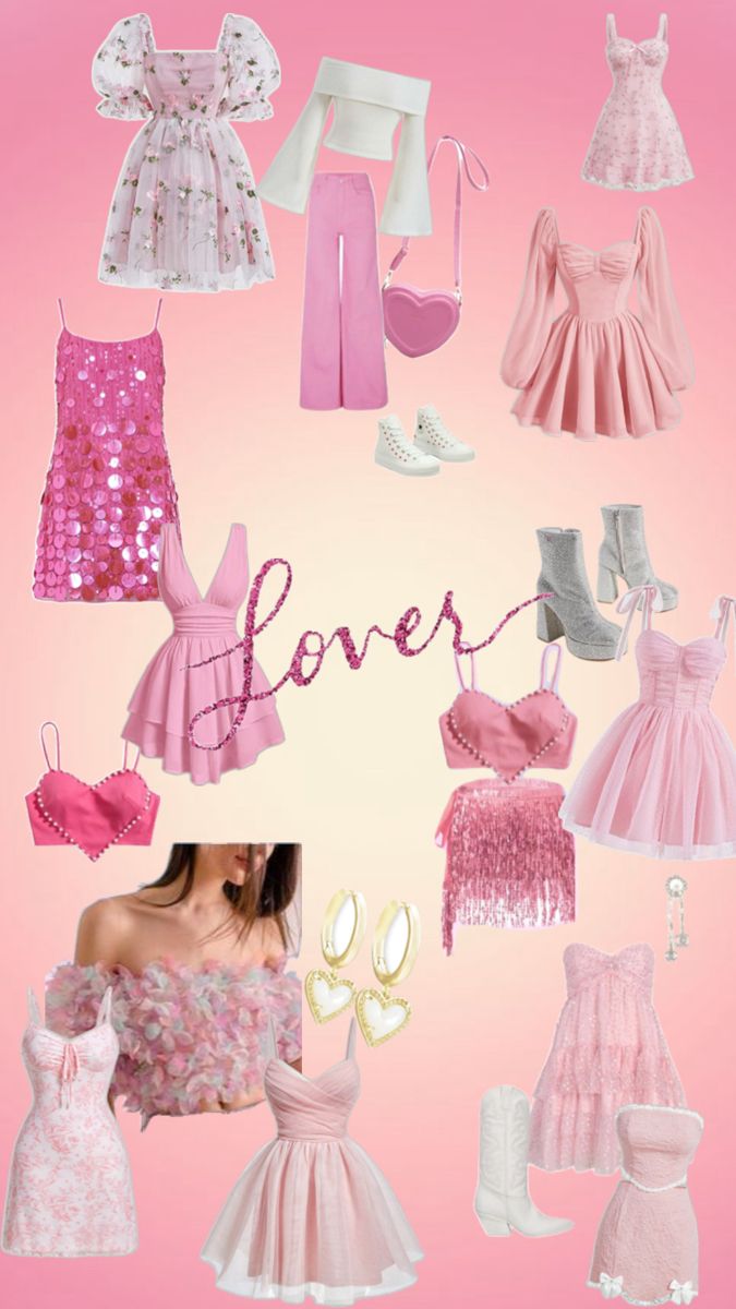 there are many different types of dresses and shoes on this pink background with the word lover