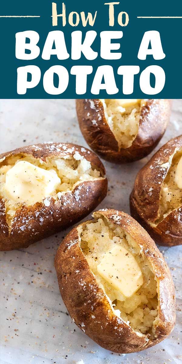 baked potatoes with butter and seasoning in them on a baking sheet, text overlay reads how to bake a potato